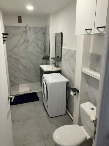 une salle de bain avec une douche, des toilettes et un lavabo dans l'établissement Charmant studio Avignon intra-muros, à Avignon