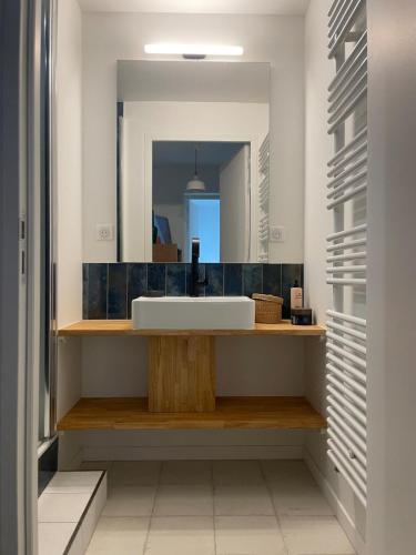 une salle de bain avec un lavabo et un miroir dans l'établissement La campagne à la mer !, à Clohars-Fouesnant