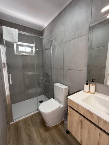 a bathroom with a toilet and a shower and a sink at 5Melros in Santiago do Cacém