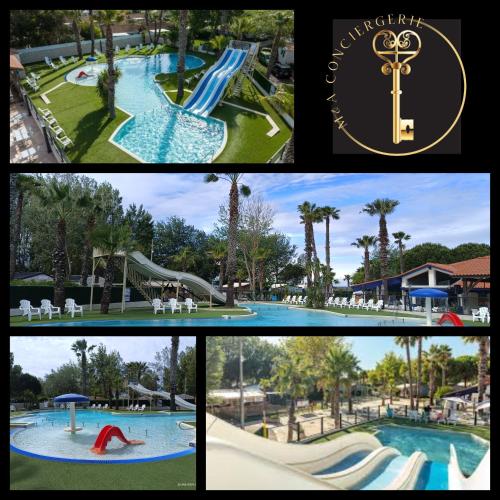 un collage de quatre photos d'une piscine dans l'établissement Camping les sablines, à Valras-Plage