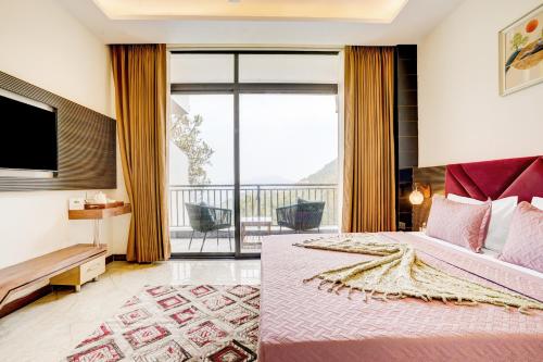 a bedroom with a large bed and a balcony at Alaya Stays Serene Woods Retreat With Lift & Restaurant Amid Nature in Dharampur