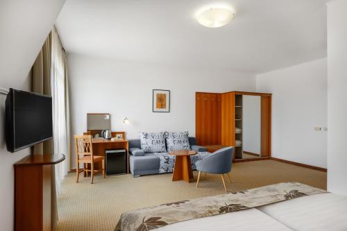a living room with a couch and a tv in a room at Thermal Park Hotel Egerszalók in Egerszalók