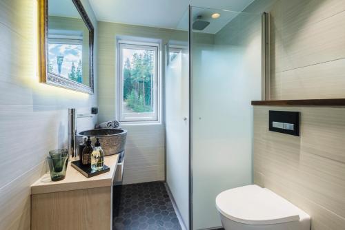 a bathroom with a toilet and a sink at Boutique-hotelli Vellamo - Lehmonkärki Resort in Asikkala