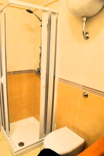 a bathroom with a shower and a toilet in it at Bellezza In Cilento Panoramic Apts in Castellabate
