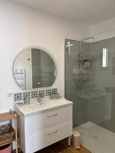 une salle de bain avec un lavabo et une douche avec un miroir dans l'établissement La p'tite maison, à Forcalquier