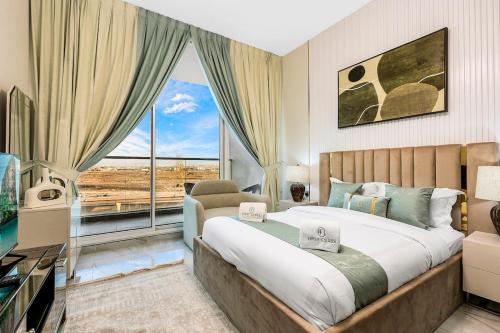 a bedroom with a large bed and a large window at Dubai Studio Retreat Pool, Gym, Balcony & Queen Bed for Two in Dubai