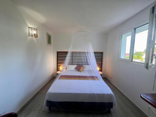 a bedroom with a bed with a mosquito net at Kay Soley La in Saint-François
