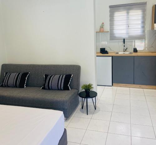 a living room with a couch and a kitchen at Αγριελια Αpartments in Plati