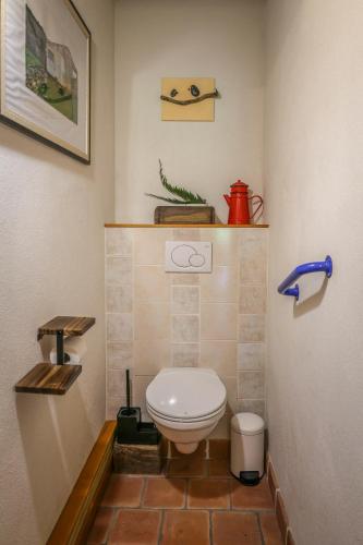 a small bathroom with a toilet in a room at Gîte de plain-pied sans escaliers, Dordogne in Firbeix