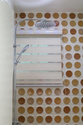a shower curtain in a bathroom with a lamp at Harridon Luxury Apartment 1 in Tema
