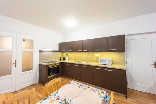 a kitchen with brown cabinets and a table with chairs at Bezauberndes Gästehaus in Satov in Šatov