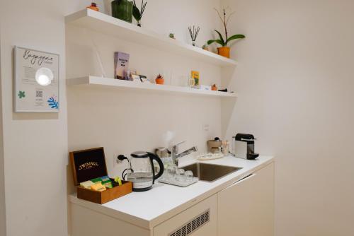 a kitchen with a sink and a counter top at Rhodania Boutique Hôtel in Geneva