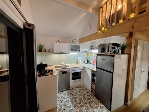 une petite cuisine avec un évier et un réfrigérateur dans l'établissement Tiny house Sea shelter bain nordique, à La Celle-sous-Gouzon