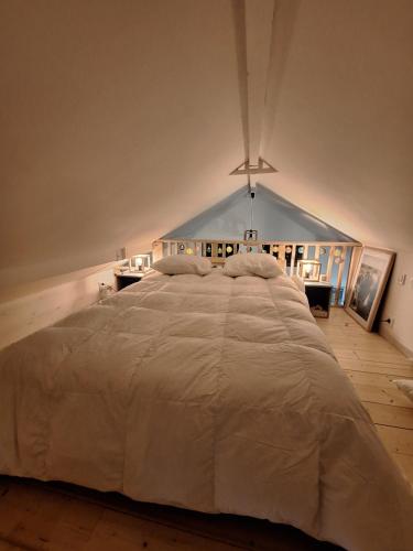 une chambre avec un grand lit dans une pièce dans l'établissement Tiny house Sea shelter bain nordique, à La Celle-sous-Gouzon