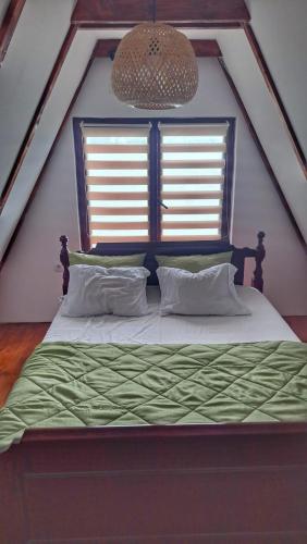 a bedroom with a bed with a green comforter and two windows at Kucica na Dunavu in Smederevo