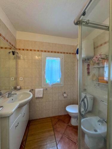 une salle de bain avec un lavabo, des toilettes et une douche dans l'établissement Chez Daniele, à Monticello