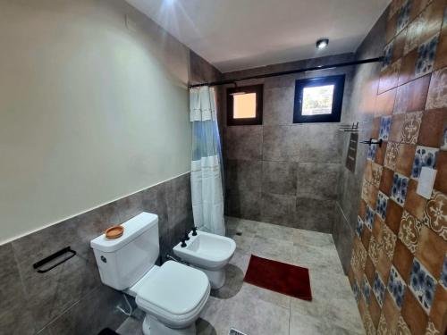a bathroom with a toilet and a shower at Hotel y Restaurante Winu Maimara in Maimará