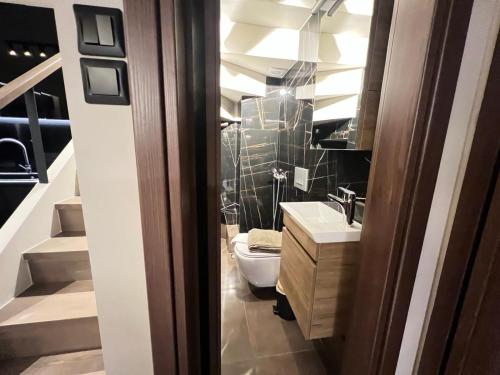 une salle de bains avec toilettes et lavabo dans l'établissement Cleopatra City Center Luxury E2 Maisonette, à Vólos