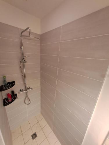 une salle de bain avec une douche avec pommeau de douche dans l'établissement Chambre chez nous, à La Haie-Fouassière