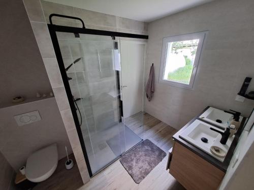 une salle de bain avec une douche, des toilettes et un lavabo dans l'établissement Chambre chez nous, à La Haie-Fouassière