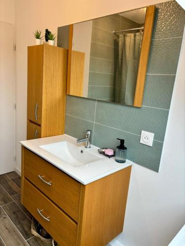 une salle de bain avec un lavabo et un miroir dans l'établissement Lucky luke appartment, à Strasbourg