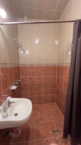 a bathroom with a sink and a shower at Posada Teyecac in San Juan Teotihuacán