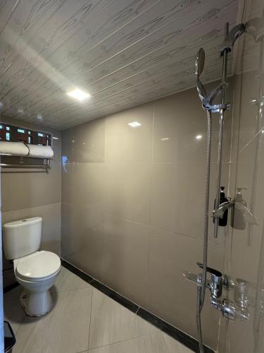 a bathroom with a toilet and a shower stall at De Pointé Resort & Resto in Campaka