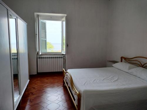 a bedroom with a white bed and a window at Sunny House in Parghelia