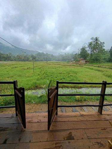 a wooden bridge with a view of a field at The wilds Sinharaja in Deniyaya