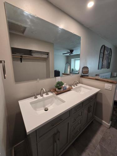 a bathroom with a sink and a large mirror at The Cameron House in Belgrade
