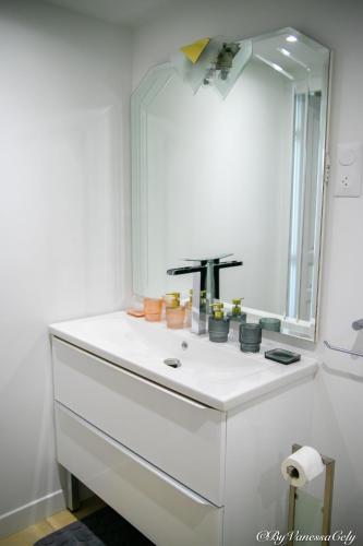 a bathroom with a sink and a mirror at Chez Clark et Elo in Bréançon