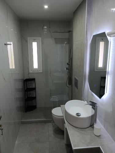 a bathroom with a sink and a toilet and a shower at VillaPouliezos Apartments in Alikanas