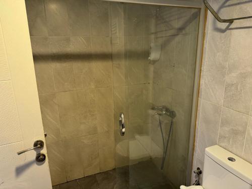 a shower with a glass door in a bathroom at Pin Suite in Buyukcekmece