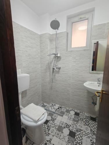 a bathroom with a shower and a toilet and a sink at Flowers Grand Hotel Bucharest in Bucharest