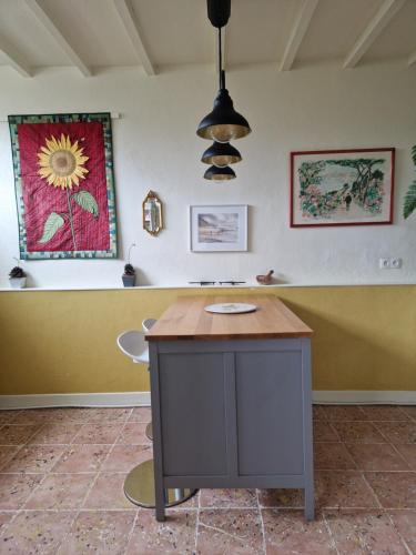 a kitchen with a island in the middle of a room at Chaumière historique à 5min de la plage in Veules-les-Roses