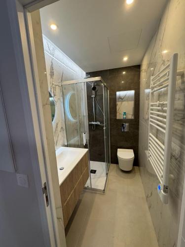 une salle de bain avec une douche, un lavabo et des toilettes dans l'établissement Ambassador Promenade !, à Nice