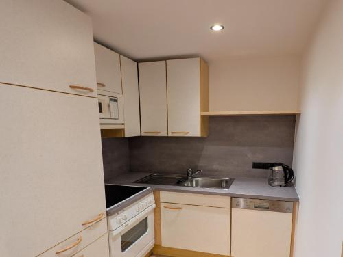 a small kitchen with white cabinets and a sink at Hotel Alpenpanorama in Söll