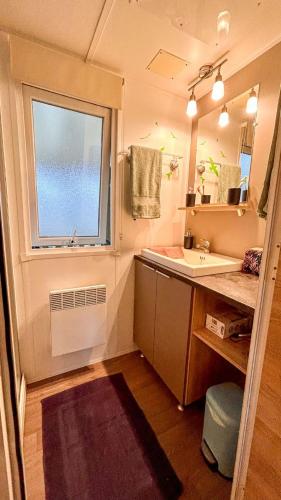 une petite salle de bain avec un lavabo et une fenêtre dans l'établissement MOBIL-HOME HAUT DE GAMME - PROCHE MER - 3 Chambres - Dressing, à Piriac-sur-Mer
