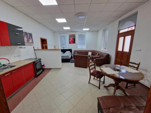a kitchen and living room with a table and a couch at Ubytování v Zahradní in Nový Bor