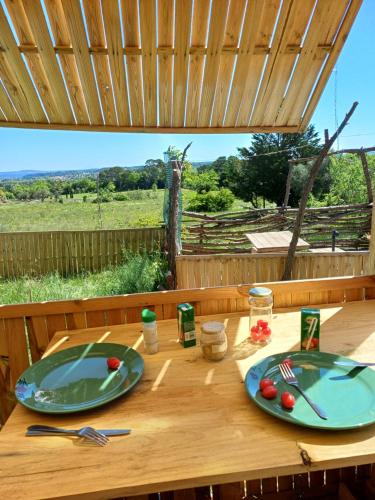 une table en bois avec deux assiettes vertes dans l'établissement TENTE sur une aire privée en pleine nature, à Massillargues-Attuech