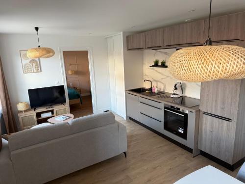 un salon avec un canapé et une cuisine dans l'établissement Chez Auguste, à Chaumont