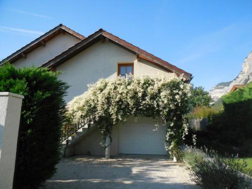 une maison avec un garage avec des fleurs blanches dessus dans l'établissement Appartement dans maison avec jardin privé, à La Terrasse