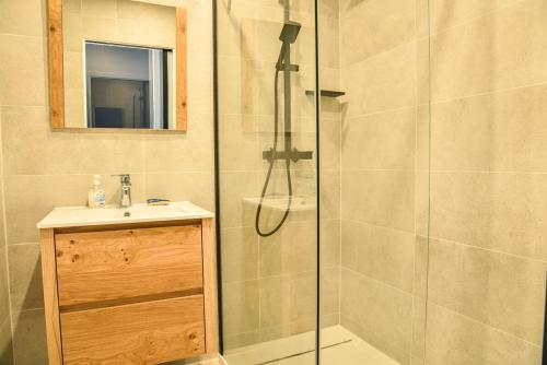 une salle de bain avec une douche, un lavabo et un miroir dans l'établissement Appartement cosy proche océan, à Seignosse