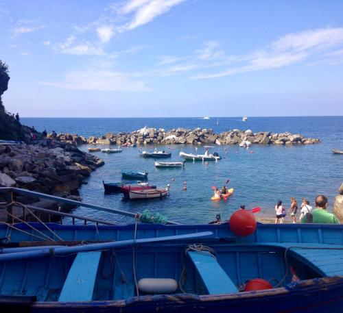 a group of people swimming in the water with boats at Locanda Ca Da Iride in Riomaggiore