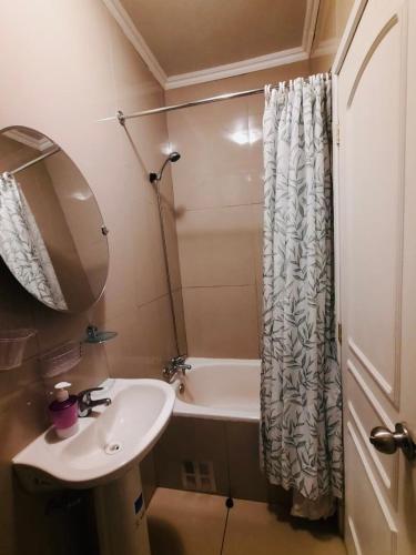 a bathroom with a sink and a tub and a shower curtain at Cabañas Pucón - 3 tipos para 2 o 4 personas in Pucón