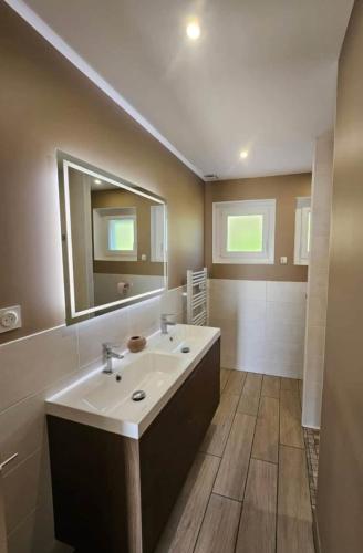une salle de bain avec deux lavabos et un grand miroir dans l'établissement Chez Lili, à Roiffieux