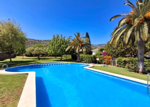 Una piscina azul con palmeras al fondo. en Apartamento Calablanca con amplia terraza y vistas al mar y a la montaña, en Alcossebre