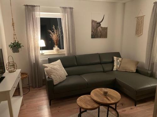 a living room with a green couch and a table at Urlaubshaus-Braunlage Wohnung 2 in Braunlage