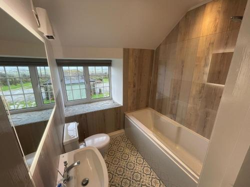 a bathroom with a tub and a toilet and a sink at Menadue Cottage, Trenale Lane, Tintagel, Cornwall in Treknow