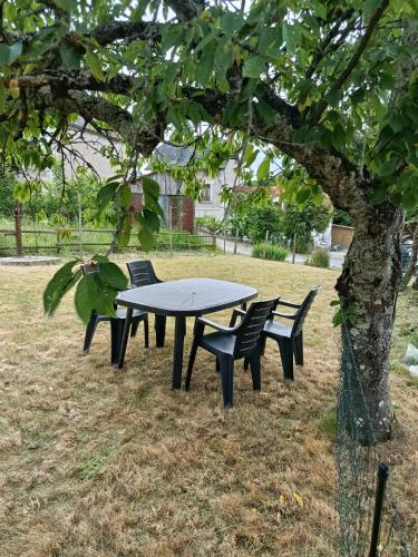 une table de pique-nique et des chaises sous un arbre dans l'établissement Petite maison à la campagne, à Faverolles